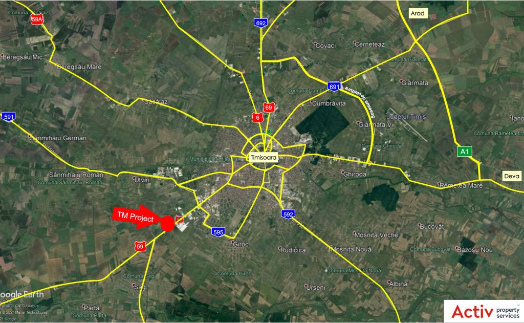 Spatii industriale de inchiriat in Centru Logistic Sagului- Timisoara sud. Localizatre pe harta